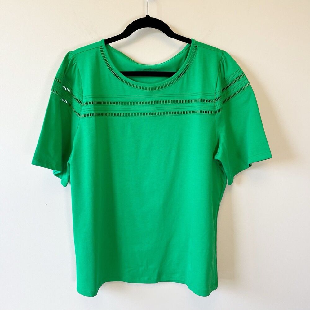 Talbots Ladder Stitch Crewneck T-Shirt Bright Green 100% Cotton Size 1X NWOT's - Picture 4 of 9